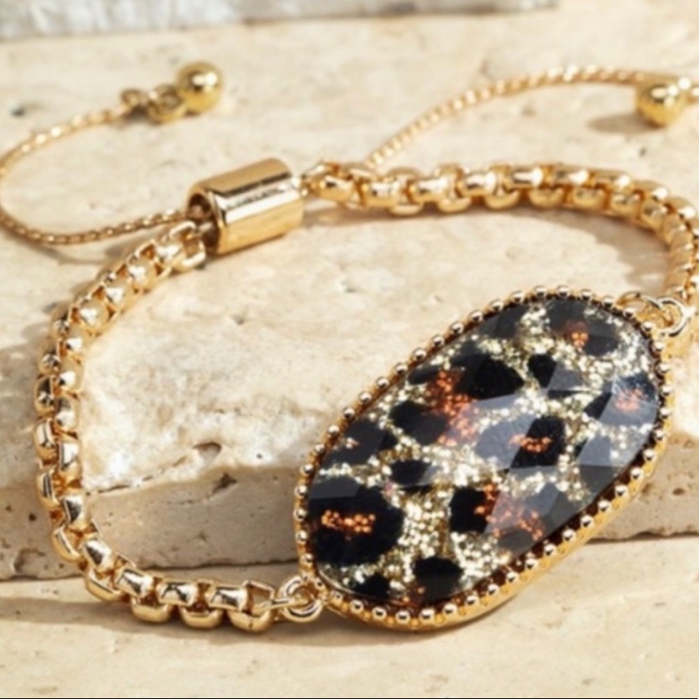 New! Leopard Gold or Silver Glitter Acrylic Glass Look Adjustable Chain Bracelet